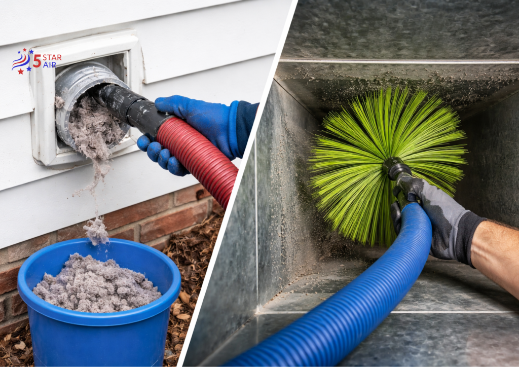 Split image showing two cleaning processes: on one side, a dryer vent being vacuumed with lint collecting in a container; on the other side, an HVAC air duct being cleaned with a rotating brush tool removing dust and debris.