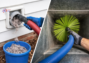 Split image showing two cleaning processes: on one side, a dryer vent being vacuumed with lint collecting in a container; on the other side, an HVAC air duct being cleaned with a rotating brush tool removing dust and debris.